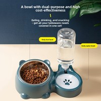 Gamelle double pour chat avec remplissage automatique d'eau, bord incliné, forme oreilles d'ours, élégante, en plastique, deux-en-un pour boire et manger