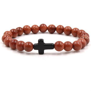 Bracciale Trendy con Charm Croce di Gesù per Uomo, Perline in <span class=keywords><strong>Pietra</strong></span> Dorata 8mm, Bracciali e Bangles per Donna, Gioielli Yoga - Product Image 1