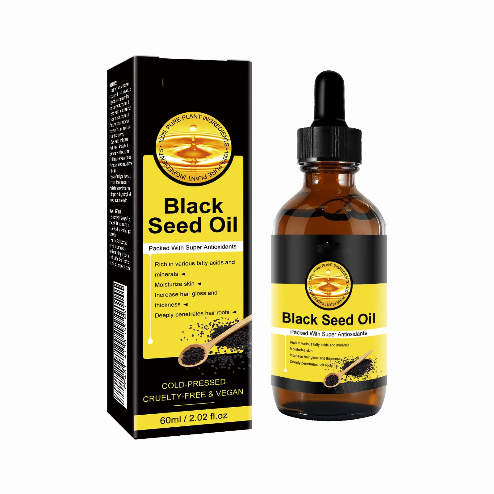 Esencia de aceite de semilla negra para mejorar la esencia seca, peluda, nutre, repara el cabello dañado y previene la pérdida de cabello