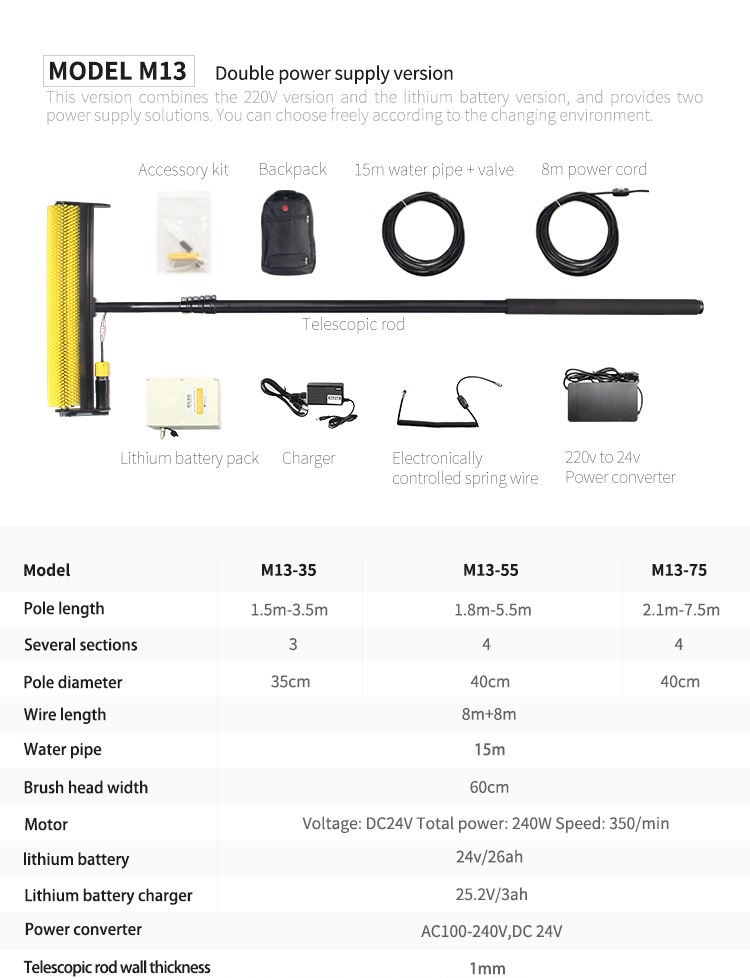 3.5 / 5.5 / 7.5 M Telescopic Role Solar Panel Cleaning Brush For PV Panel