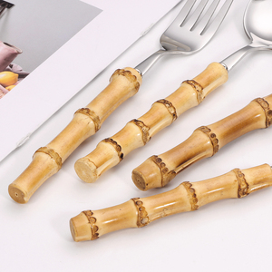 أدوات مائدة بمقبض خيزران طبيعي حقيقي طقم أدوات مائدة من الفولاذ المقاوم للصدأ عالي الجودة أواني مطبخ ومجموعة شوكة - Product Image 5