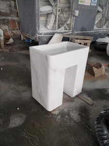 <span class=keywords><strong>Lavabo</strong></span> de baño de mármol travertino <span class=keywords><strong>Beige</strong></span> de diseño moderno, lavabos independientes para el hogar del hotel con pedestal cilíndrico y escurridor - Product Image 5