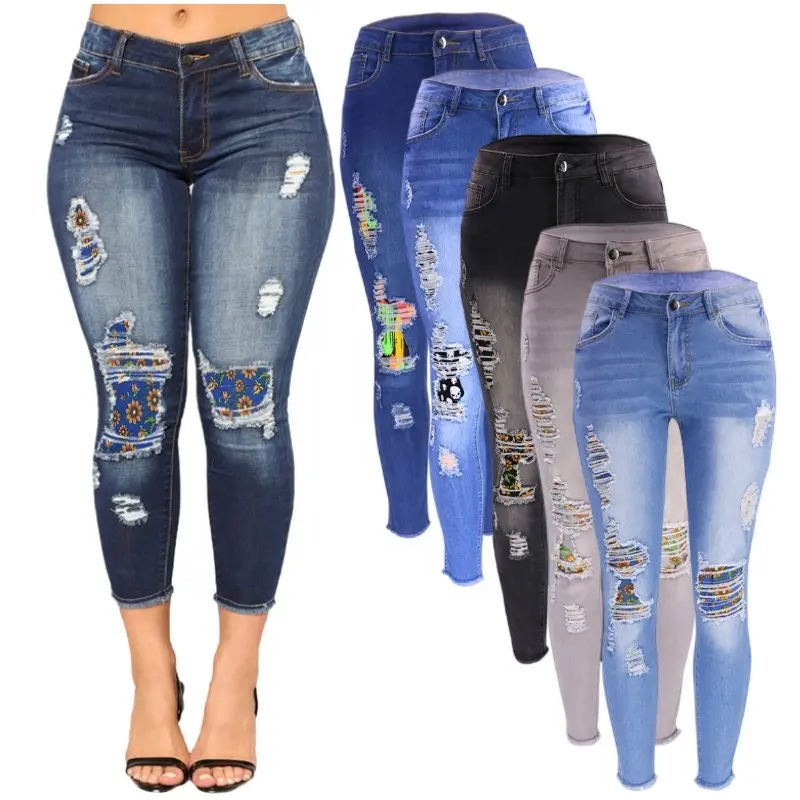 Denim Women Ladies Pants Wholesale Women's Jeans Fashion Hip Hop Broken Holes Denim Jeans High Waist Ripped Pencil Pants Jeans