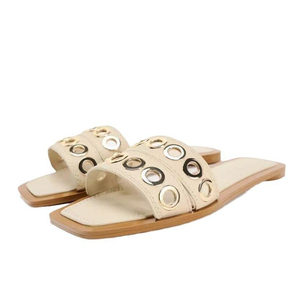Sandales plates à bout carré pour femmes, avec œillets métalliques décoratifs, double bride, pour l'été, pantoufles d'extérieur, vente en gros - Product Image 6
