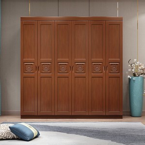 Armario de Madera Maciza de Seis Puertas, Gran Capacidad, Armario de Almacenamiento para Dormitorio, Diseño de Puerta con Bisagras, Estilo Chino - Product Image 1