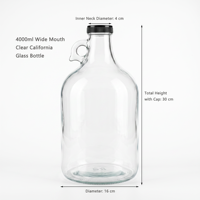 Bouteille en verre transparent à large ouverture de 4000 ml avec poignée, carafe à lait réutilisable de 1 gallon avec bouchon à vis, vente en gros