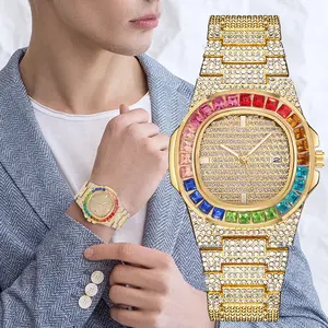 Relógio quartz quadrado luxuoso masculino, hip hop ouro iced out colorido arco-íris diamante