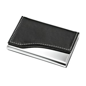 Étui pour cartes de visite en métal noir avec surpiqûres blanches, design fin - Product Image 1