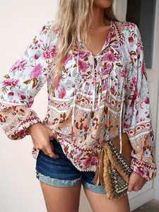 Blusa de Manga Larga con Estampado Floral Bohemio Personalizada al por Mayor para Mujer, Blusa Informal con Cuello en V Vintage para Vacaciones de Verano - Product Image 3