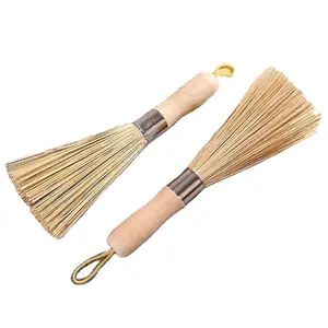 LOGOTIPO personalizable, cepillo de limpieza de sartén con mango de madera Natural, cepillo de Wok limpio de cocina de bambú para olla y tabla de cortar