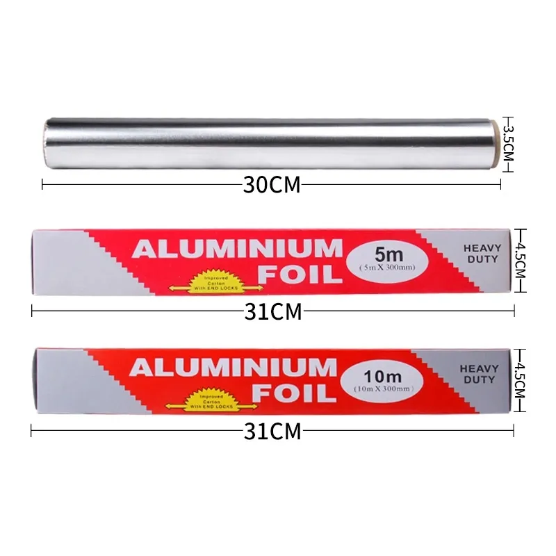 Rolo de papel de alumínio para cozinha, embalagem de alumínio para comida e churrasco 0.2mm de espessura macia, prateada