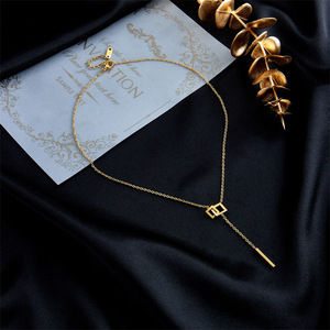 Geometric Square Long Tassel Chain Necklace Gold Zinc Alloy Minimalist Design Fashion Jewelry - Product Image 2