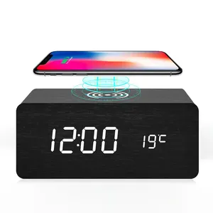 Latest Digital Alarm Clock Mobile Phone Wireless Fast Charging Function Indoor Thermometer Solid Wooden Floor Clock