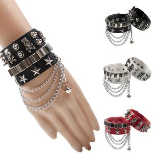 Bracelet en cuir punk clouté avec chaîne et crâne, ajustable, style gothique rock, bijoux unisexe tendance pour hommes et femmes - Product Image 2