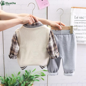 Nouveau printemps automne 3 pièces garçons vêtements ensemble dessin animé ours <span class=keywords><strong>pull</strong></span> gilet à manches longues chemises à <span class=keywords><strong>carreaux</strong></span> coton pantalon bébé vêtements - Product Image 4
