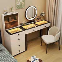 Table de maquillage moderne éclairée, style esthétique, blanc crème, avec plateau en verre trempé, rangement anti-poussière pour bijoux, chambre et salle de bain