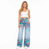 Jean taille haute à jambe large pour femme, imprimé numérique réactif, bleu cyan turquoise dégradé, motif fleurs de cerisier Sakura rose éclatant, couleur inaltérable