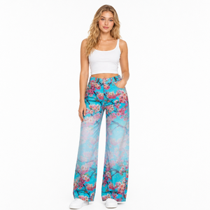 Jean taille haute à jambe large pour <span class=keywords><strong>femme</strong></span>, imprimé numérique réactif, bleu cyan turquoise dégradé, motif fleurs <span class=keywords><strong>de</strong></span> cerisier Sakura rose éclatant, couleur inaltérable - Product Image 1