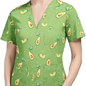 Top Scrubs para mujer, uniforme médico, Top con cuello en V, estampado, manga corta, algodón, absorbente de humedad, elástico, secado rápido, suave - Product Image 3