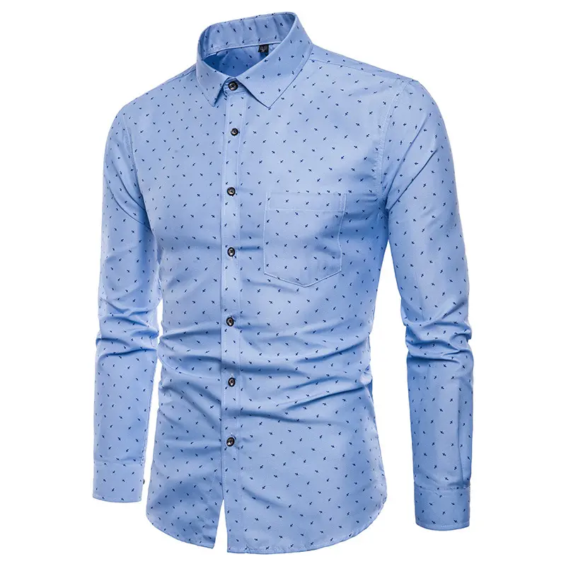 New Arrival Korean Style Fashion Printed Long Sleeve Men's Shirt Casual Business Slim Fit Male Social Shirts