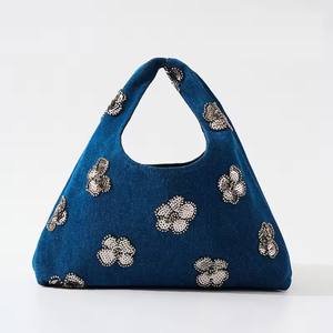 Flower Sequin Handbags Casual Denim Wrist Bags for Women Appliques Shoulder Bag <strong>Designer</strong> Small Canvas Tote Ladies Clutch Pouch - Product Image 1