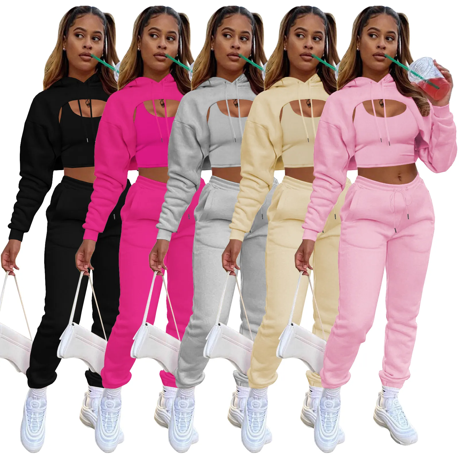 long sleeve outfit 3 Piece Set joggers suit Cropped Hoodies Set Sweat pants tracksuits for Women