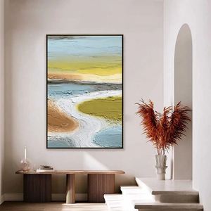 Pintura al óleo texturizada de paisaje fluvial abstracto estilo Wabi Sabi sobre lienzo con marco, arte contemporáneo para decoración de interiores. - Product Image 4