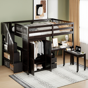 Cama alta tamaño completo con escaleras, estantería, cajones, escritorio, armario, muebles multifuncionales que ahorran espacio para niños y adolescentes - Product Image 3