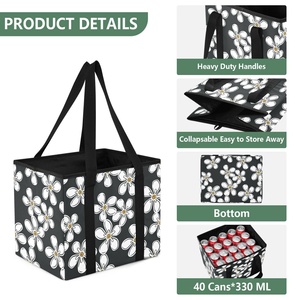 HawaiianHau Flower Pattern Black <b>Collapsible</b> Utility <b>Storage</b> Tote Custom Print Heavy Duty Foldable Reusable Grocery Shopping Bag - Product Image 3