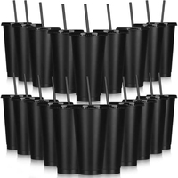 Gobelets réutilisables à paroi simple de 24 oz pour boissons froides, en plastique noir avec couvercles et pailles
