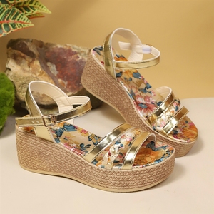 Sandales compensées <span class=keywords><strong>espadrilles</strong></span> à imprimé floral pour femmes, avec bride métallique et bout ouvert, chaussures décontractées d'été – Vente en gros usine - Product Image 6