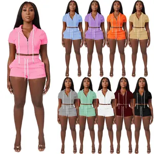 Conyson New Arrival China Wholesale Fashionable Summer Plus Size Fitness Solid Hooded Women's Tracksuit Clothing 2 Piece Sets