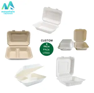 Biodegradable 9*6 Inch White Clamshell Packaging Container Sugarcane Bagasse Paper Pulp Take Away Food Lunch Box For Restaurant