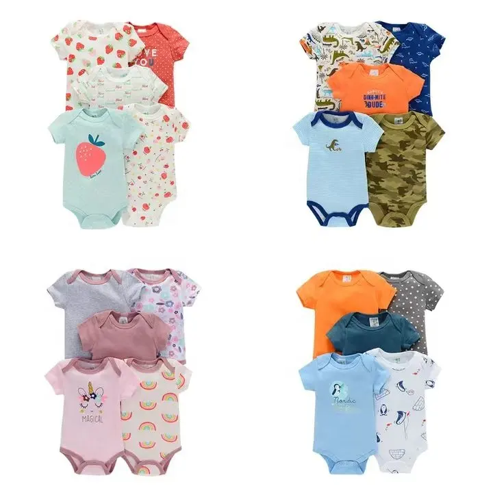 Willekeurig Patroon 100% Katoen Op Voorraad Of Op Maat Gemaakte Pasgeboren Babykleding 0-2y Gebreide Pasgeboren Bodysuit Baby Rompertjes