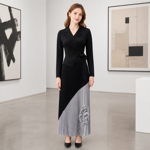 Vestido de Mujer de Buena Calidad, Estilo Blazer, Apliques Florales en 3D, Cintura Cruzada, Vestido Maxi con Bloques de Color, Vestido Plisado Miyake - Product Image 2