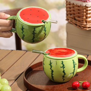 Novelty Watermelon <b>Ceramic</b> Mug with Lid and Straw Cute <b>Ceramic</b> Drinking <b>Cup</b> for Coffee and Water - Product Image 2