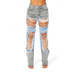 Nueva Moda Pantalones Rectos de Mujer con Cadena de Cuentas y Aberturas Grandes - Product Image 3