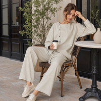 Haut asymétrique en coton pour femmes, avec boutons, manches longues, patte de boutonnage diagonale, pantalon à jambes larges avec cordon de serrage, pour l'intérieur et l'extérieur, tenue de jour SOFT18