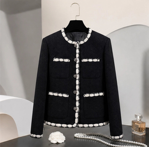 Giacca da <span class=keywords><strong>donna</strong></span> in <span class=keywords><strong>tweed</strong></span> 100% lana double-face, blazer corto con collo rotondo e bordi colorati per il commuting - Product Image 2