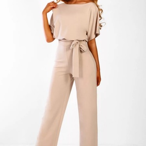 Elegante Mono de Verano para Mujer con Rayas, Volantes, Pantalones Anchos de Crepé, Manga Corta Recta, Estilo Romántico para Vacaciones, con Cinturón - Product Image 2