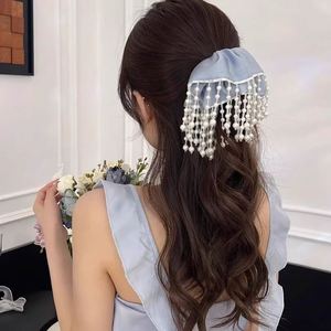 Élastiques à cheveux en satin perlé de luxe léger avec pompons, pour queue de cheval basse, charme féminin, pour fille - Product Image 3