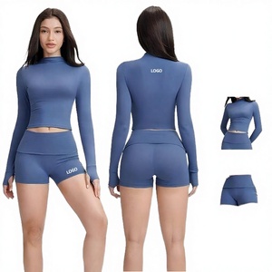 Ensemble de fitness côtelé sans couture pour femme : Soutien-gorge de sport à encolure ajustée et leggings de yoga assortis – Tenue de sport unie - Product Image 4
