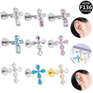 Clous d'oreille croisés en alliage de titane avec zircon et cristal, bijoux de piercing pour oreille et lèvre, cadeau ASTM F136 - Product Image 1