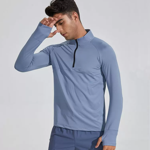 1/4 fermeture éclair hommes actif séchage rapide col rond t-shirts athlétique course gymnastique entraînement à manches longues t-shirt avec trou pour le pouce - Product Image 2