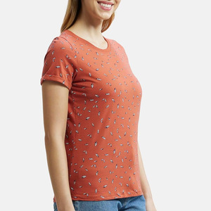 T-shirt en coton tricoté décontracté à manches courtes pour femme, col rond, imprimé orange, coupe classique, respirant, collection Printemps-Été, en vente en ligne - Product Image 6
