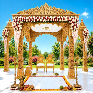Mandapam traditionnel du sud de l'Inde avec piliers sculptés, Mandap en fibre Premium Maharani pour des mariages parfaits - Product Image 1