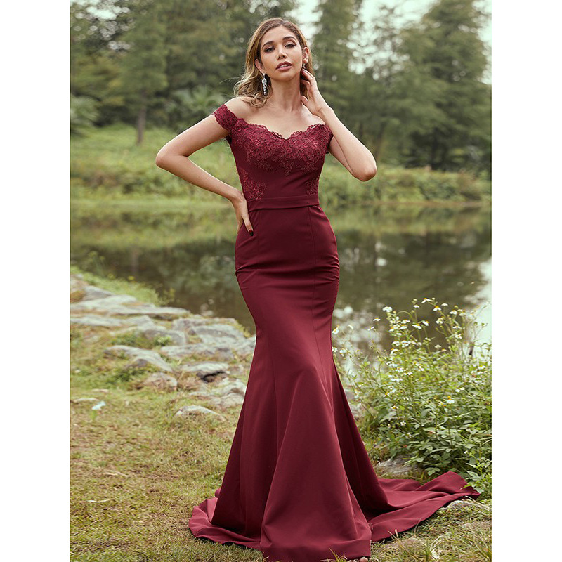 lace crepe off-the-shoulder bridesmaid dress P206065 Off-the-Shoulder Lace & Soft Crepe Long Bridesmaid Dress
