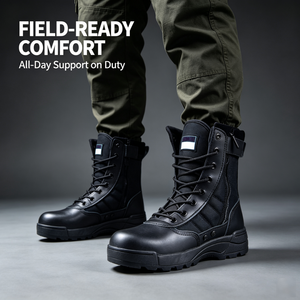 Bottes tactiques de sécurité montantes en cuir PU pour hommes, idéales pour l'hiver, les activités extérieures et les gardes de sécurité, personnalisables OEM/ODM, certifiées ISO CE - Product Image 1