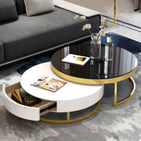 Table basse ronde en verre au design moderne nordique avec tiroir de rangement Accents noir blanc or pour meubles de salon
