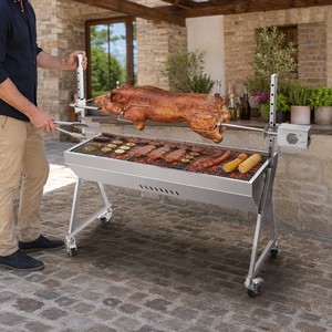 Barbecue vertical professionnel moderne en acier inoxydable avec rôtissoire, machine à charbon de bois commerciale haut de gamme pour rôtir porc et agneau en extérieur - Product Image 3